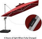 PURPLE LEAF 11 Feet Solar Powered LED Square Cantilever Umbrella With Base Patio Umbrellas Windproof Hanging Outdoor Umbrellas Offset Umbrella, Terra