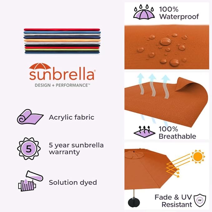 Midtown Umbrellas The Wooden 9 Feet Patio Umbrella With Sunbrella Terracotta Acrylic Fabric - Aluminum Frame Market Umbrella For Backyard, Deck, Garden, Pool - Wooden Pole