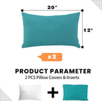 idee-home Outdoor Pillows with Inserts Included, Patio Outside Lumbar Pillows Waterproof Set of 2, 12 x 20 inch Peocock Blue