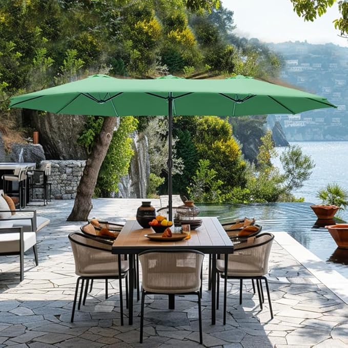 GREEN PARTY 15 ft Rectangle Patio Umbrella with Base Included, Double-Sided Table Umbrella with Crank, Large Outdoor Umbrellas for Patio Poolside Garden Backyard, Mint Green