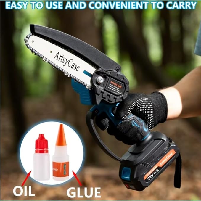 ArtsyCase Mini Chainsaw 6-inch Cordless, Portable chainsaws, Small Handheld Chain Saw for Tree Trimmer, Wood and Bamboo Cutting, Chain saws Gifts for Husband, Dad(1 Battery+ 1 Chain+ 1 Bars)