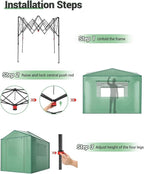 6x8FT Instant Pop-Up Walk-in Greenhouse, Plant Hot House with Galvanized Steel Frame, Green PE Cover, Roll-Up Zipper Door, Portable Large Plant Tent with Ground Pegs & Ropes for Stability