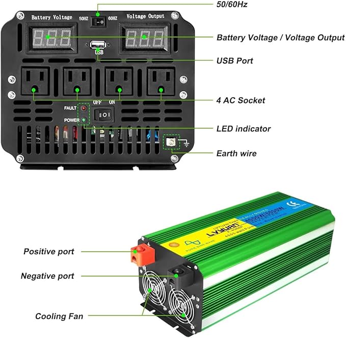 LVYUAN 4000 Watt Heavy Duty 8000(Peak) Pure Sine Wave Power Inverter 12V DC to 110V/120V AC Converter with 4 sockets,LED Display,Remote Control and USB Port for Family,RV, Truck,Road Trip,Emergency