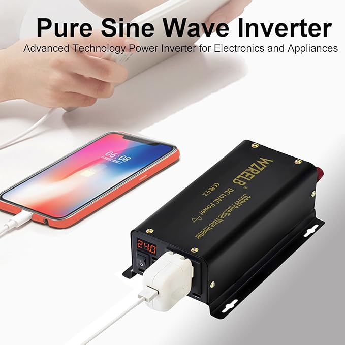 WZRELB 300W Pure Sine Wave Power Inverter 600W Peak DC 24V to 110V AC Car Adapter Off Grid with LED Display