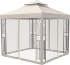 COOS BAY 8x8 Outdoor Patio Gazebo with Netting and Corner Shelves, Two-Tier Soft Top Canopy for Backyard, Lawn, Deck and Garden, Beige