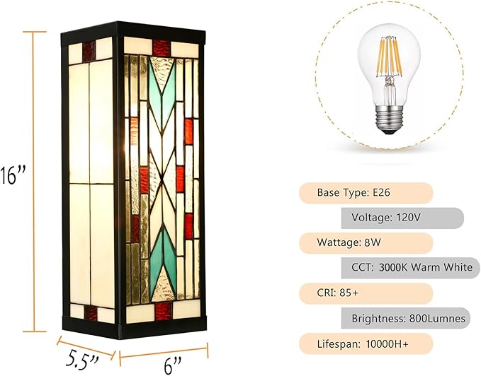 WL0004 Tiffany Style Rectangular Outdoor Wall Lights Stained Glass Corridor Wall Lamp Vintage Outdoor Balcony Aisle Hallway Wall Sconce Lighting,6" Wx 5.5" D x16 H, Bulb Included (Arrow)