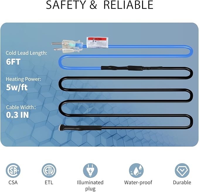 100ft Roof Heat Cable, 5w/ft, Ideal for Roof and Gutter Deicing, Safe on Metal or Plastic, CSA ETL Certified, 120V