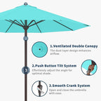 9FT Patio Umbrella with Fiberglass Ribs, Outdoor Market Table Umbrella with Crank and Tilt, UV Resistant Waterproof Canopy for Patio, Garden, Deck, Pool, Aqua Blue