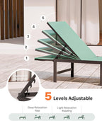 Chaise Lounge Chair Outdoor, Aluminum PatioChairs with 5 Adjustable Backrest and HeadrestPillows for Outside Beach,Green