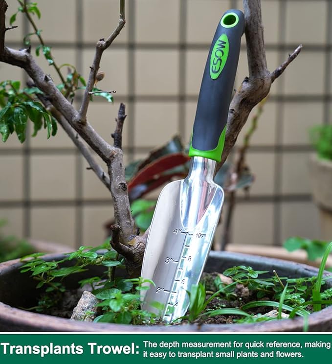 ESOW Garden Tool Set, 3 Piece Cast-Aluminum Heavy Duty Gardening Kit Includes Hand Trowel, Transplant Trowel and Cultivator Hand Rake with Soft Rubberized Non-Slip Ergonomic Handle, Garden Gifts