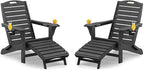 Folding Adirondack Chairs Set of 2,Adirondack Chair with Retractable Ottoman,Plastic Adirondack Chairs with 2 Cup Holder,Weather Resistant Patio Chair,Outdoor Chairs Set of 2(Black)