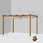 Domi 9’ x 13’ Outdoor Retractable Pergola Against The Wall with Weather-Resistant Canopy Aluminum Garden Pergola Patio Grill Gazebo for Courtyard(Teak Coated)