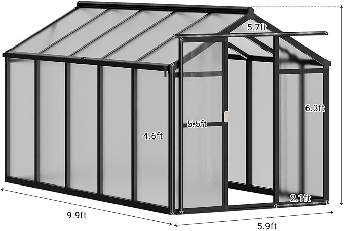 6x10 FT Greenhouse, Greenhouse for Outdoors, Polycarbonate Greenhouses with Quick Setup, Aluminum Frame and Roof Vent, Lockable Door for Backyard, Green Houses for Outside Garden Backyard, Patio