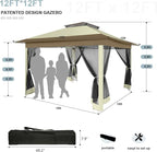 COBIZI 12x12 Pop up Gazebo on Clearance with Mosquito Netting & Sandbags, Outdoor Canopy Tent with 4 Ropes 8 Stakes & Portable Carrying Bag, Patio Portable Gazebo for Garden Backyard & Lawn,Khaki