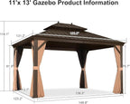 PURPLE LEAF 11' X 13' Outdoor Hardtop Gazebo Patio Wide Aluminum Frame Galvanized Steel Double Roof with Heavy Duty Netting and Curtains for Permanent Hard Top Pavilion Screen,Khaki