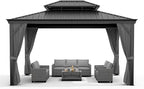 Outdoor Hardtop Gazebos 10 x 12 ft Permanent with High Strength Aluminum Frame, Double-Roof, Pavilion with Curtain and Netting for Patio, Lawn, Deck, Garden (Darkgrey, 10x12 ft)
