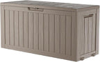 Deck Box Outdoor with 75 Gallon, Rollers for Mobility, Handles Waterproof Storage Box with Lockable for Store Garden Tools Backyard, Multi-Functional Seat & Table, Light Brown