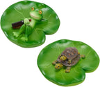 2 PCS Turtle and Frog Resin Statues on for Lotus Leaves, Vibrant Green Outdoor Decor for Gardens, Pools, Ponds, Flower Pots - Perfect for Easter, Halloween, Christmas, Garden Decorations