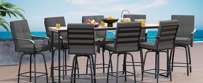Patio Swivel Bar Stools, Outdoor High Back Swivel Bar Chair Set of 4 with Cushion & All Weather Steel Frame for Backyard, Lawn, Poolside and Balcony, Dark Gray