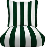 RSH DECOR Deep Seating Cushion with Pillow Back | 25” x 25.5” x 5" Seat | Water and Fade-Resistant Spun Fabric | Made in USA | Outdoor Chair Cushion Set for Patio (Hunter Green & White Stripe)