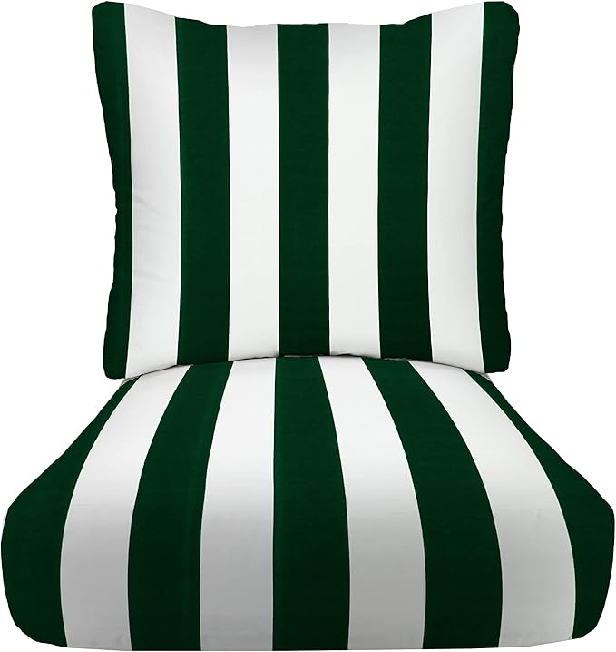 RSH DECOR Deep Seating Cushion with Pillow Back | 22” x 25” x 5" Seat | Water and Fade-Resistant Spun Fabric | Made in USA | Outdoor Chair Cushion Set for Patio (Hunter Green & White Stripe)