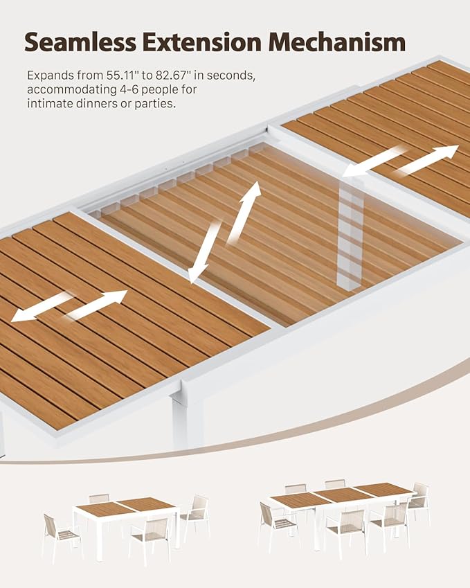 ZANDOR Expandable Outdoor Dining Set for 4-6-8,Patio Table and Chairs Set with Wood Top for Garden,Backyard,Porch,55"-82.7" Extendable Aluminum Outdoor Table Set with 8 Chairs,White