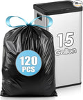 Teivio 15-16 Gallon 120 Counts Strong Tall Kitchen Drawstring Trash Bags, Medium Plastic Garbage Bags for Home Kitchen Garden Office Tall Trash Can, Black Waste Bin Liners