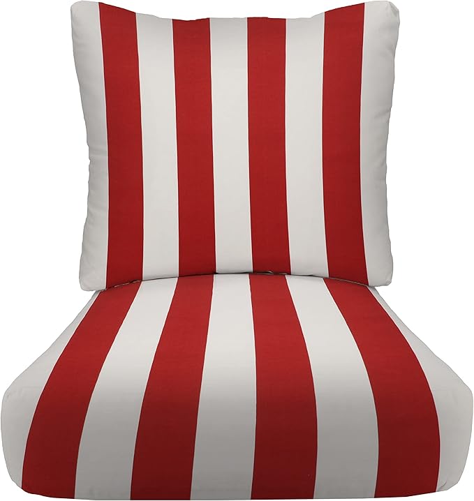 RSH DECOR: Deep Seating Cushion with Pillow Back | 23” x 26” Seat | All-Weather Spun Fabric | Water and Fade-Resistant | Outdoor Chair Cushion Set for Patio Furniture | Red & White Stripe