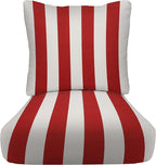RSH DECOR: Deep Seating Cushion with Pillow Back | 23” x 26” Seat | All-Weather Spun Fabric | Water and Fade-Resistant | Outdoor Chair Cushion Set for Patio Furniture | Red & White Stripe