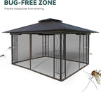 11x13 Outdoor Patio Gazebo with Mosquito Netting and Corner Frame Screen Wall, Double Roofs Metal Frame Party Canopy Tent Shelter for Backyard Garden Deck - Brown