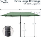 PHI VILLA 13ft Large Patio Umbrellas, Double-Sided Outdoor Market Rectangle Umbrella for Outside, Mint Green