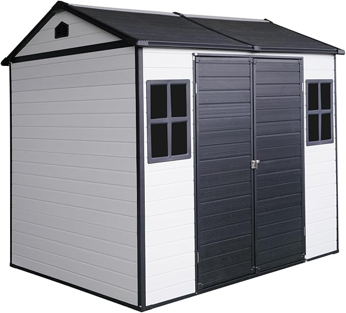 8x6 FT Resin Outdoor Storage Shed with Floor, Windows & Lockable Doors Waterproof All-Weather Garden Shed for Backyard, Patio, and Lawn Equipment Storage, White