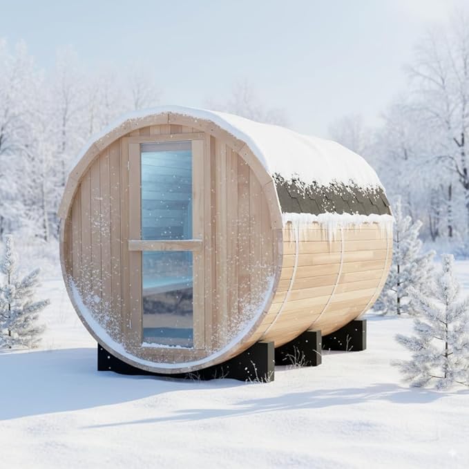 Outdoor Sauna, 6 Person Wood Steam Barrel Sauna Room with 6kw Toule Electric Heater with Stone, Canadian Helmock Wood, Accessories and Asphalt Shingle Roof (Helmock)