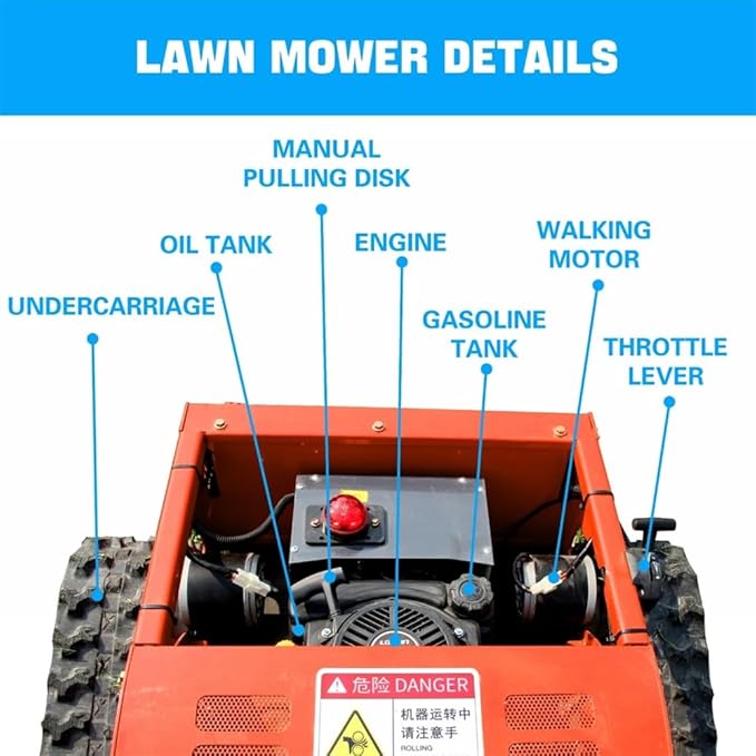 Gasoline Powered Remote Control Lawn Mowerwith Snow Plow, 9HP Crawler Mower with 600m Range for Steep Hills and Orchards (Orange/Snow Shovel)