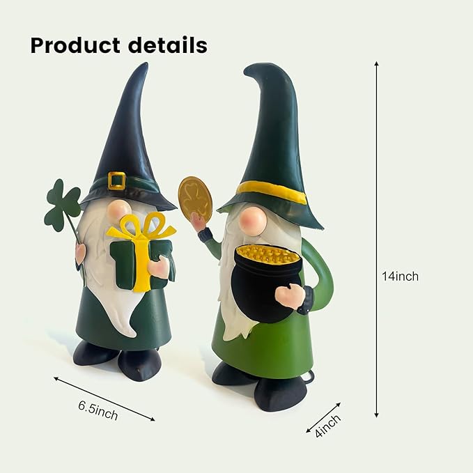 HONGLAND St. Patricks Day Decorations Outdoor Green Gnomes, Metal Gnomes Figurine Irish Leprechaun St Patricks Day Decor, Luck Shamrock Gnome for Home Outside Garden Lawn Party Yard Patio (14 INCH)