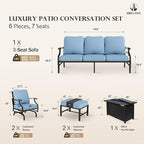 HERA'S HOUSE 6 Pieces Patio Furniture Set with Fire Pit Table, 2 x Rocking Chair, 2 x Ottoman, 3-Seat Sofa with 45" Fire Pit Table, Outdoor Conversation Set for Garden, Poolside, Backyard, Blue