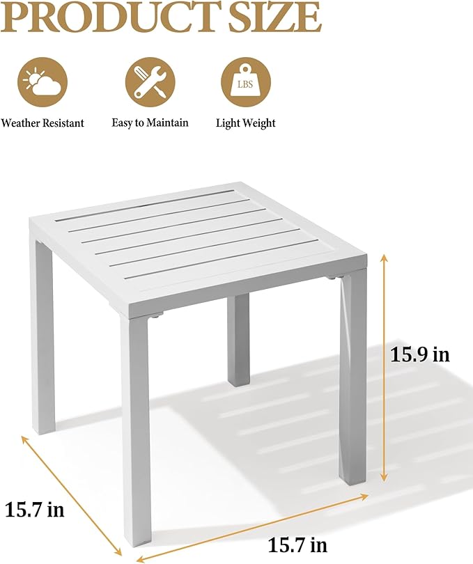 Crestlive Products Aluminum Outdoor Side Table, Pool Lounge Chair Side Table, Weather Resistant Small Square Coffee End Table for Patio, Yard, Garden, Porch, Deck, Indoor, Outdoor (White)