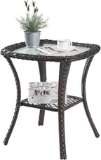 Outdoor Side Table, Brown Rattan Wicker Patio Side Table, Patio End Table, Small Outdoor Side Table with Glass Tabletop and Storage Shelf (Brown)
