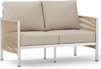 Aluminum Outdoor Patio Couch Loveseat, HDPE Rope Patio Sofa with Washable Thick Cushion, All-Weather Patio Furniture for Balcony, Yard, Silver Frame, Beige