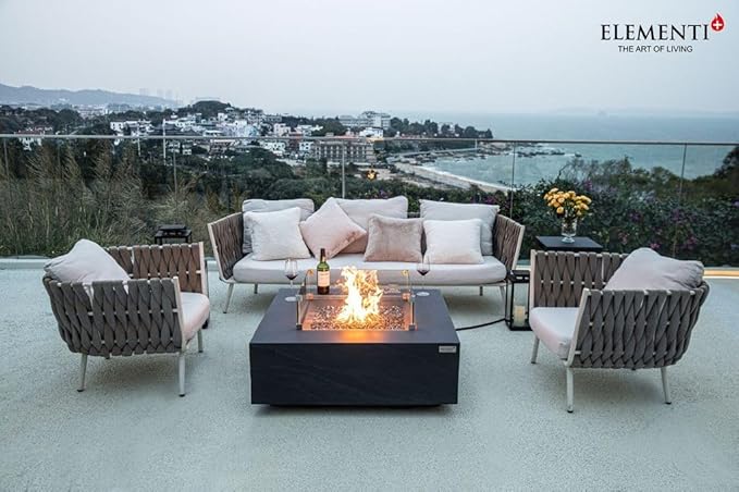 Elementi+ | Bundle Roraima Gas Fire Pit Cast Concrete 40" Square Fire Table, Outdoor Fire Pit Electronic Ignition | Canvas Cover, Fire Glass and Burner Lid Included | Dark Gray | Natural Gas