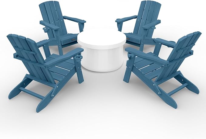 Folding Adirondack Chair Wood Texture 4 Pack, HDPE All-Weather Fire Pit Chairs, Plastic Adirondack Chairs with 2 Cup Holder, Outdoor Lawn Chair for Patio Garden (Navy Blue)