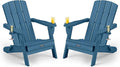 Folding Adirondack Chair Wood Texture 2 Pack, HDPE All-Weather Fire Pit Chairs, Plastic Adirondack Chairs with 2 Cup Holder, Outdoor Lawn Chair for Patio Garden (Navy Blue)