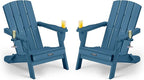 Folding Adirondack Chair Wood Texture 2 Pack, HDPE All-Weather Fire Pit Chairs, Plastic Adirondack Chairs with 2 Cup Holder, Outdoor Lawn Chair for Patio Garden (Navy Blue)
