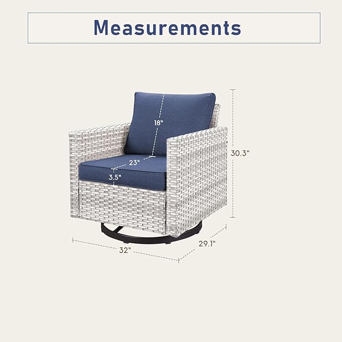 Outdoor Swivel Chairs Set of 4: Wicker Swivel Rocker Patio Chairs Set of 4, Swivel Rocker Outdoor Chair, Wicker Patio Furniture Sets, LightGrey/Blue