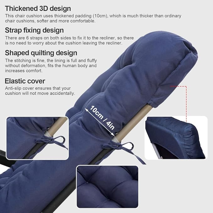 ERWUDEling Zero Gravity Lounge Chair Cushion 67 Inch - Thick & Soft Waterproof Patio Furniture Cushion for Outdoor/Indoor Use, Non-Slip with 8 Ties, Blue (19" W x 67" L x 4" T)