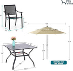 PHI VILLA 5 Pieces Patio Dining Set for 4 with 10ft Patio Umbrella, Metal Outdoor Stackable Wrought Iron Chair Set of 4 & 37" Metal Dining Table,3 Tier Vented Market Table Beige Umbrella