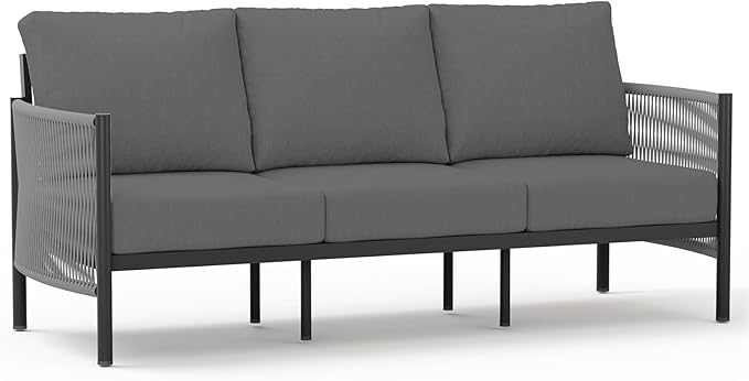Aluminum Outdoor Patio Couch, 3 Seats HDPE Rope Patio Sofa with Washable Thick Cushion, All-Weather Patio Furniture for Balcony, Yard, Gray Frame, Charcoal