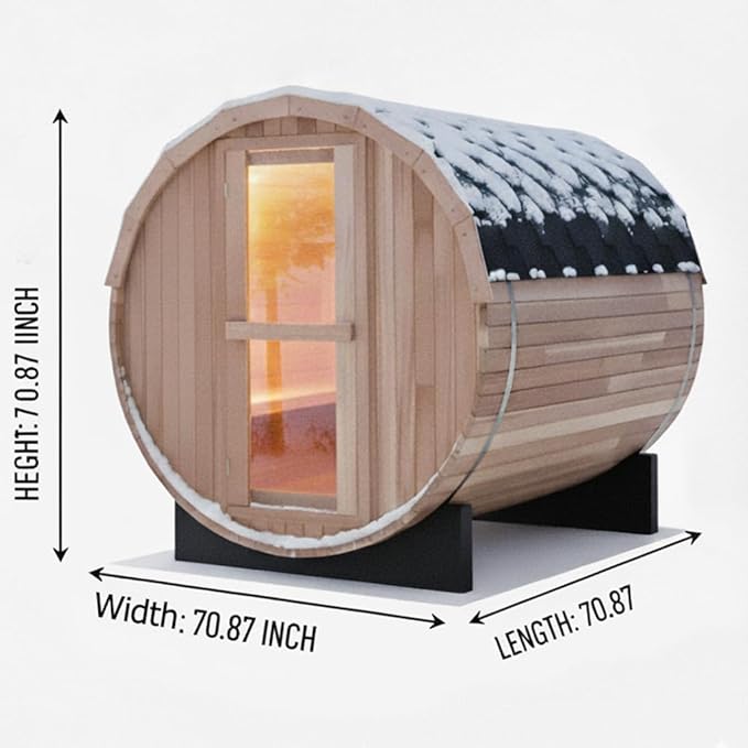 Outdoor Barrel Steam Sauna, 4-6 Person Wood Sauna Room with 6kw Toule Electric Heater with Sauna Stone, Canadian Red Cedar Wooden Sauna, Sauna Accessories and Asphalt Shingle Roof (Red Cedar)