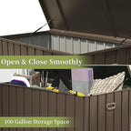 100 Gallon Outdoor Deck Box Lockable Metal Indoor Outdoor Storage Container with Side Handle, Waterproof Storage Box with Rolling Castors for Patio Garden Tools, Pools Equipment, Cushions, Brown