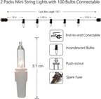 Vigdur 2 Pack 13ft 50 Clear Outdoor String Lights on White Wire Cord, UL Approved for Indoor/Outdoors Use, Connectable 120V Clear Outdoor Lights for Xmas Patio Home Party Garden Decor(White)